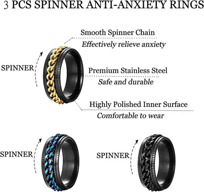 Black Stainless Steel Rings for Men, Fashion Wedding Promise Male Band Rings Set, Simple Cool Spinner Anxiety Rings Pack for Men Women Size 6-11.