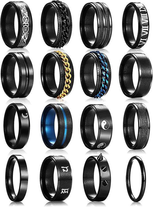 Black Stainless Steel Rings for Men, Fashion Wedding Promise Male Band Rings Set, Simple Cool Spinner Anxiety Rings Pack for Men Women Size 6-11. 1-16 Pcs Black / 11