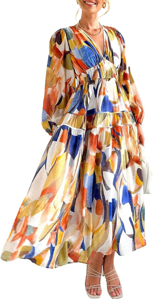 BLENCOT Womens Casual Boho V Neck Maxi Dress Flowy A-Line Long Wedding Guest Holiday Beach Dress Yellow M