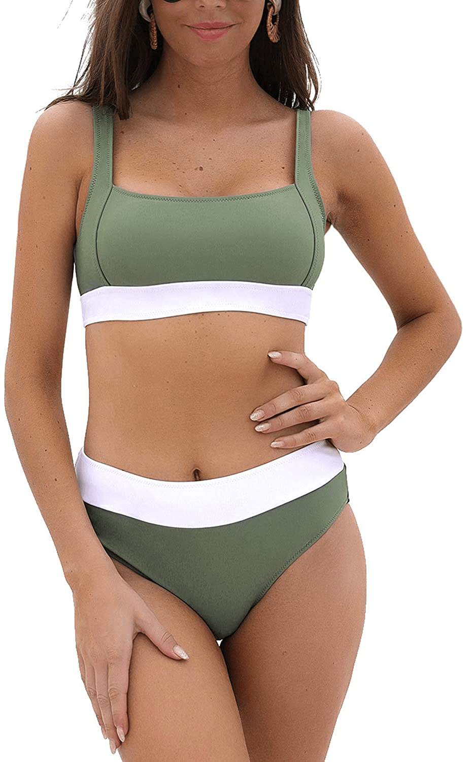 Blooming Jelly Women's High Waisted Swimsuit Crop Top Cut Out Two Piece Cheeky High Rise Bathing Suit Bikini Apparel & Accessories > Clothing > Swimwear Blooming Jelly Green & White Patchwork Large 