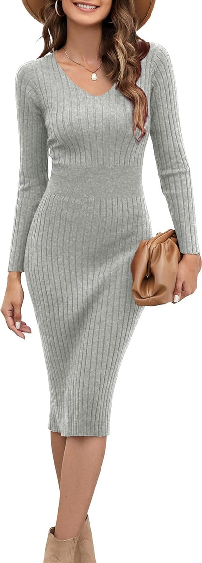 Blooming Jelly Womens Midi Sweater Dress Long Sleeve V Neck Bodycon Fall Dresses 2023 Casual Knee Length Ladies Winter Dress Sand Grey / Small