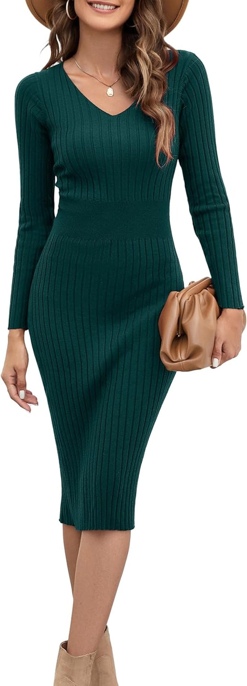 Blooming Jelly Womens Midi Sweater Dress Long Sleeve V Neck Bodycon Fall Dresses 2023 Casual Knee Length Ladies Winter Dress Dark Green / Small
