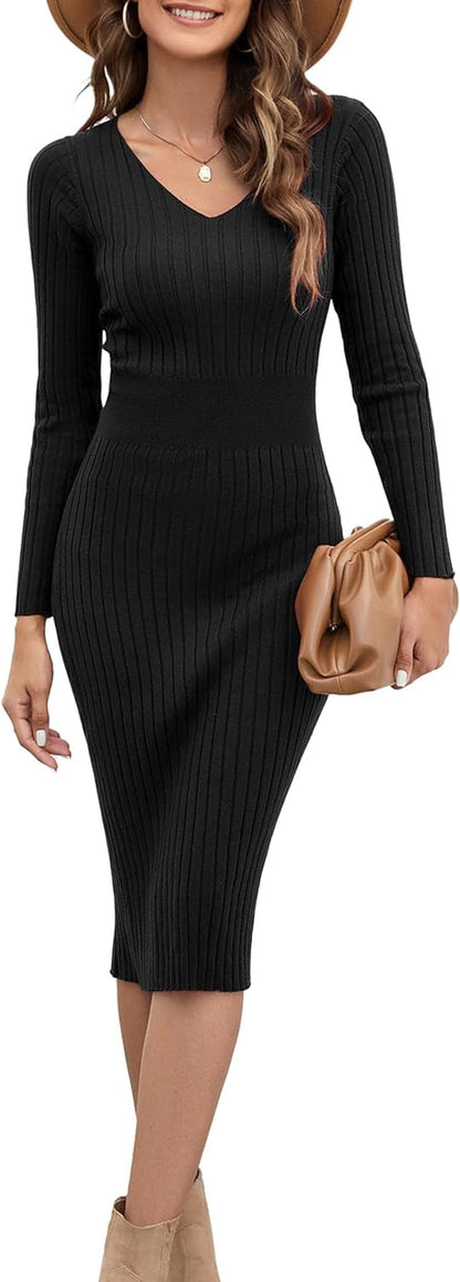 Blooming Jelly Womens Midi Sweater Dress Long Sleeve V Neck Bodycon Fall Dresses 2023 Casual Knee Length Ladies Winter Dress Black / Large