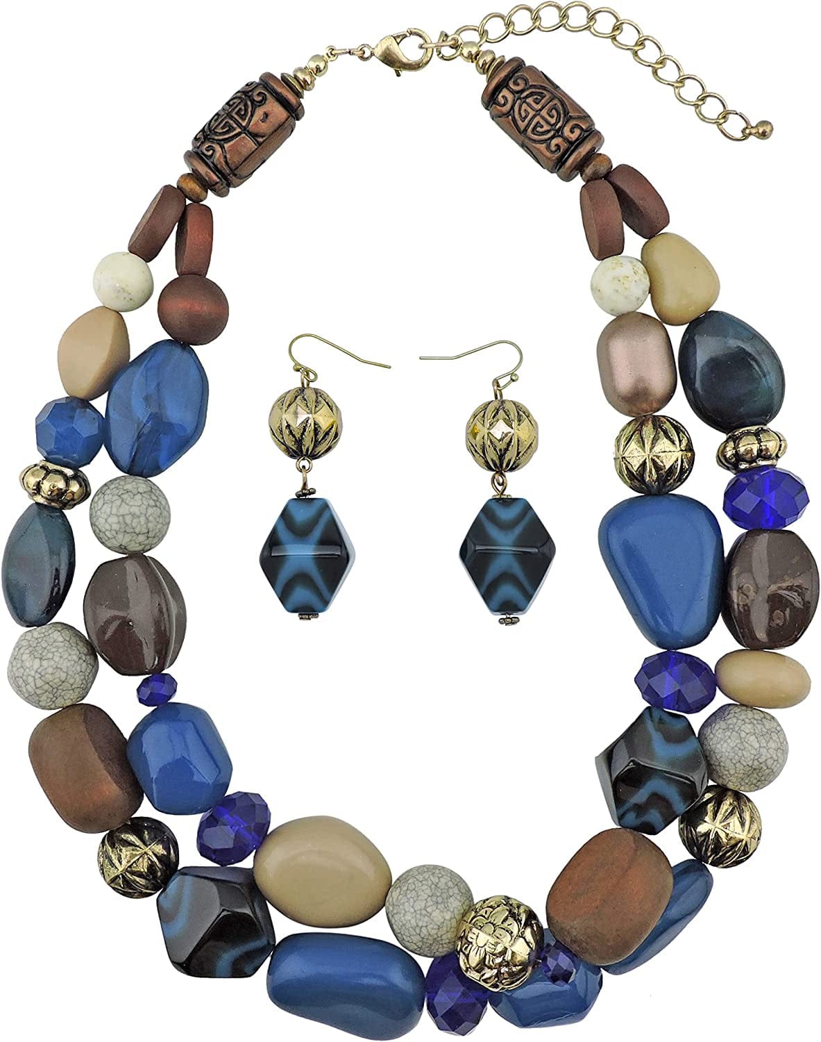 BOCAR 2 Layer Statement Chunky Beaded Fashion Collar Necklace for Women Gifts Strong Blue-set