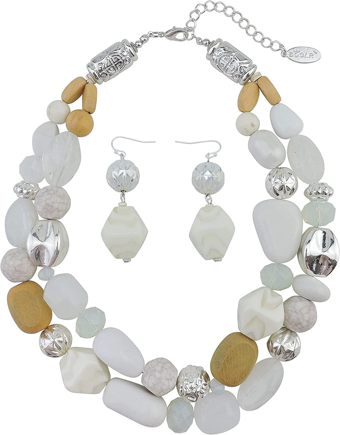 BOCAR 2 Layer Statement Chunky Beaded Fashion Collar Necklace for Women Gifts white-set