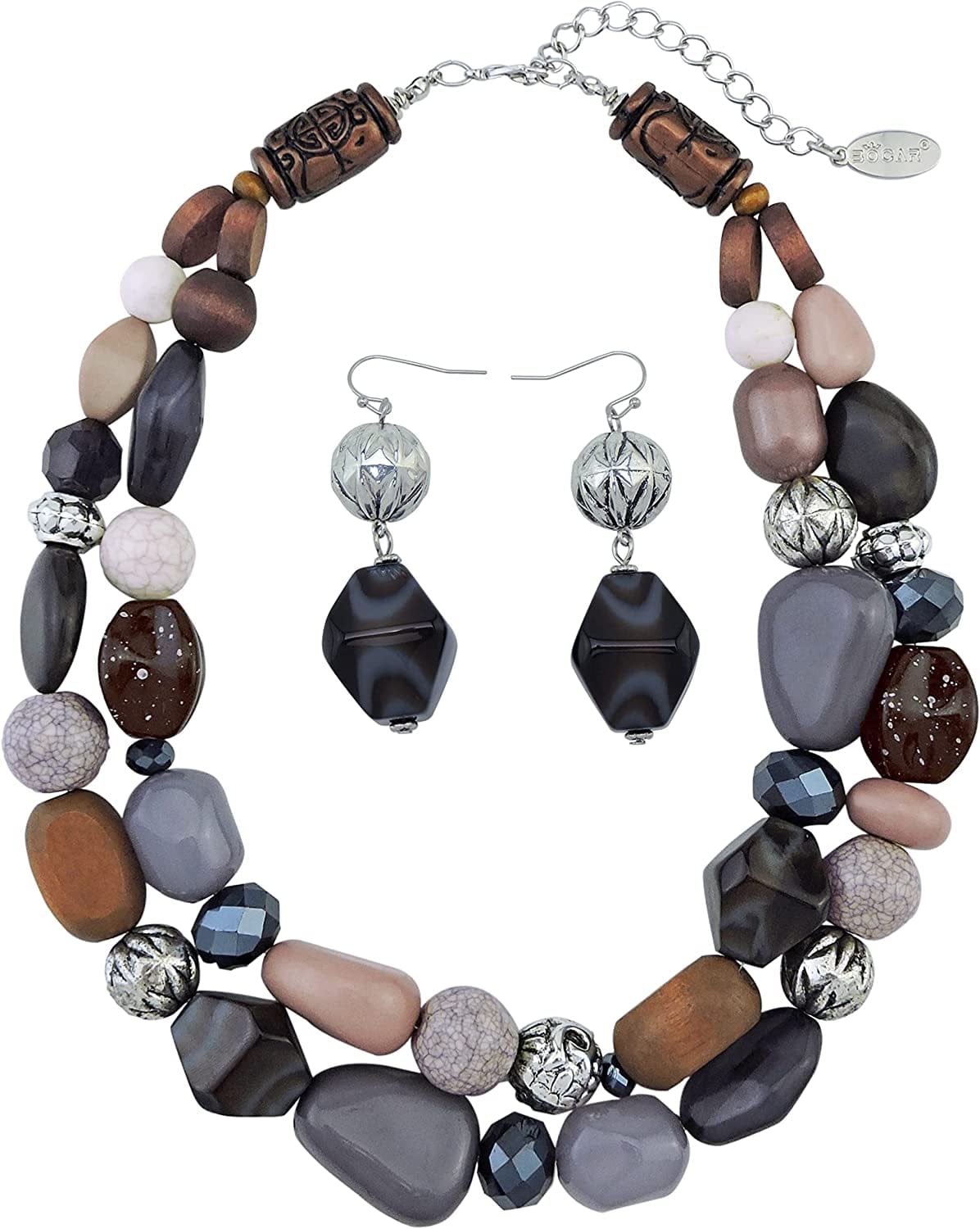 BOCAR 2 Layer Statement Chunky Beaded Fashion Collar Necklace for Women Gifts Grey-set