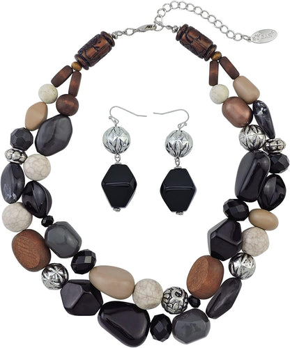 BOCAR 2 Layer Statement Chunky Beaded Fashion Collar Necklace for Women Gifts Black-set