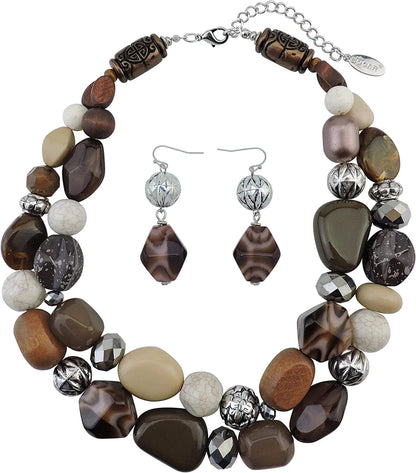 BOCAR 2 Layer Statement Chunky Beaded Fashion Collar Necklace for Women Gifts brown-set