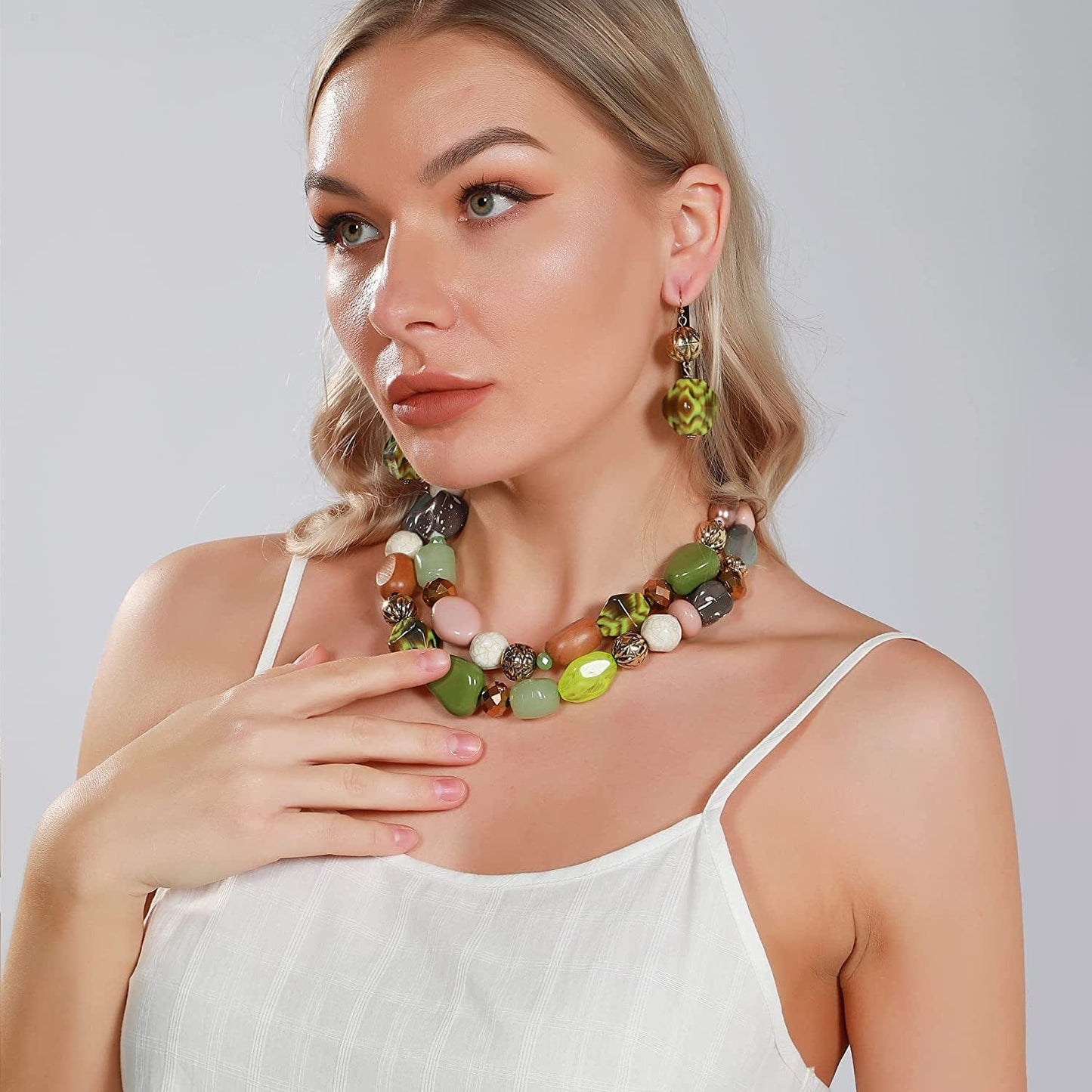 BOCAR 2 Layer Statement Chunky Beaded Fashion Collar Necklace for Women Gifts