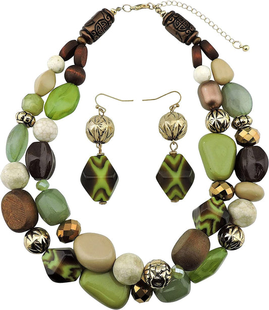 BOCAR 2 Layer Statement Chunky Beaded Fashion Collar Necklace for Women Gifts olive-set