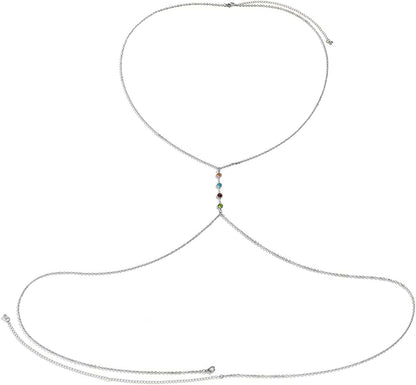 Body Chains for Women Sexy Skinny Crossover Full Body Jewelry for Bikini Swimsuit Wedding Dress Necklace and Belly Chain Set Apparel & Accessories > Jewelry > Body Jewelry Tosmifairy Colored Faux Crystal+Silver Iron Chain  