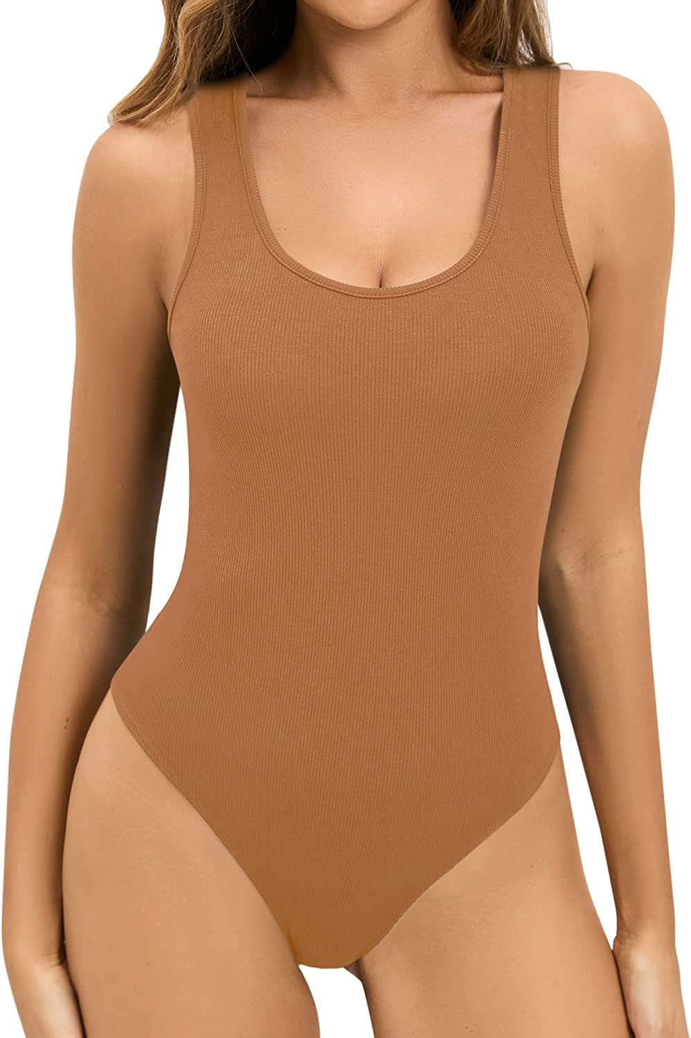 Bodysuit for Women Scoop Neck Sleeveless Ribbed Racerback Tank Tops Racerback Khaki / X-Large