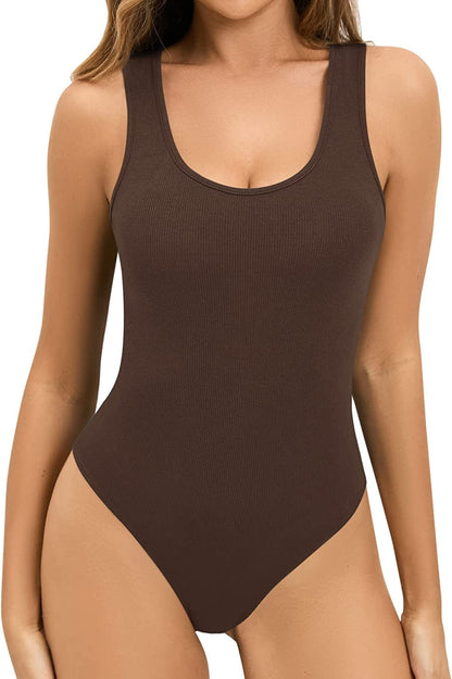 Bodysuit for Women Scoop Neck Sleeveless Ribbed Racerback Tank Tops Racerback Coffee / Large