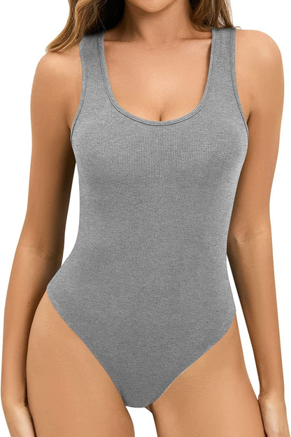 Bodysuit for Women Scoop Neck Sleeveless Ribbed Racerback Tank Tops Racerback Dark Heather Grey / X-Large