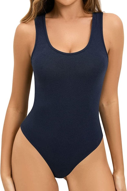 Bodysuit for Women Scoop Neck Sleeveless Ribbed Racerback Tank Tops Racerback Navy Blue / Large