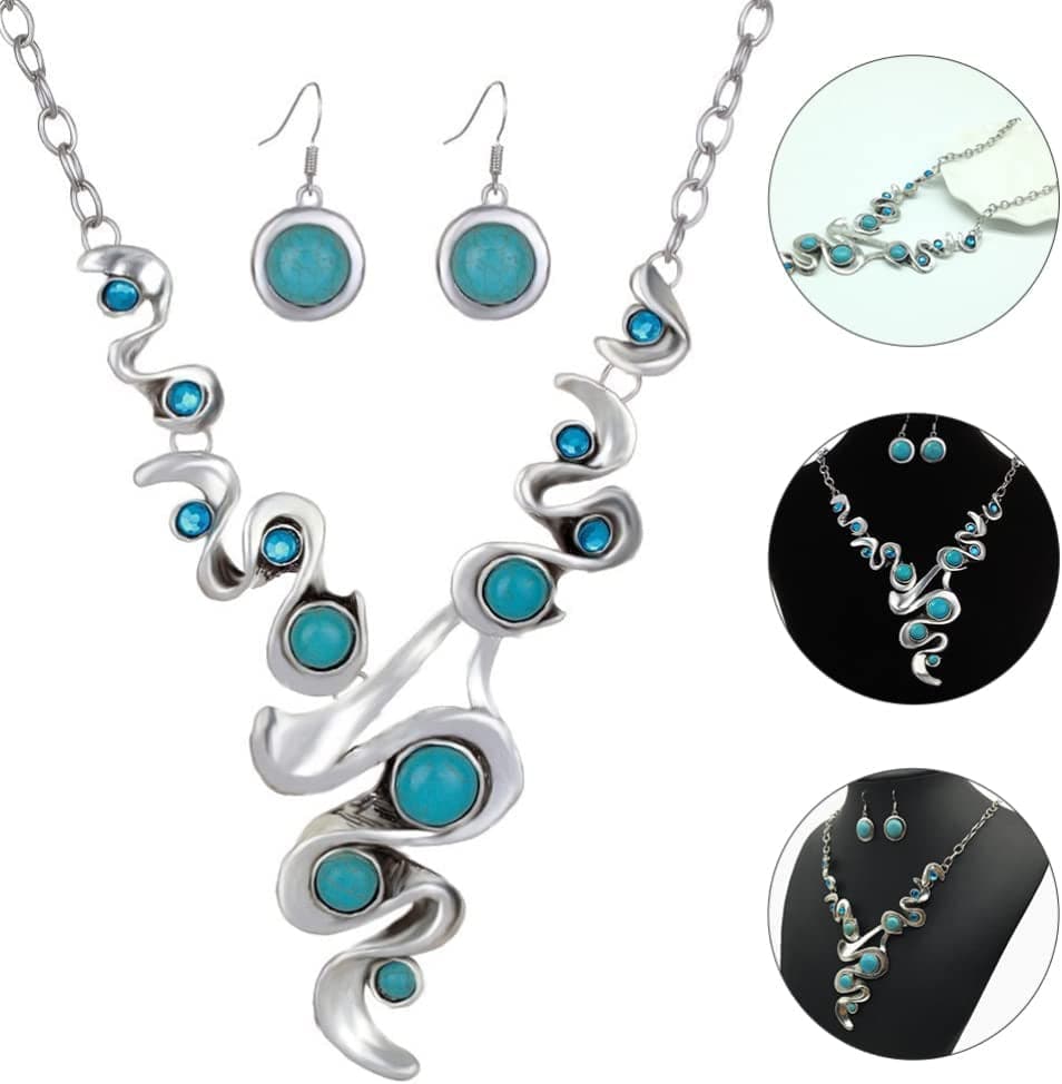 Bohemian Jewelry Set, Turquoise Pendant Necklace Earring, Retro Vintage Boho Style Chunky Jewelry Decorative Vintage Neckl 79X7Cm UFE225316P8 0