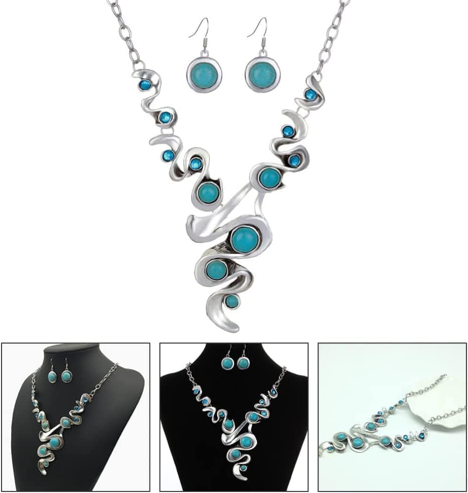 Bohemian Jewelry Set, Turquoise Pendant Necklace Earring, Retro Vintage Boho Style Chunky Jewelry Decorative Vintage Neckl 79X7Cm UFE225316P8 0