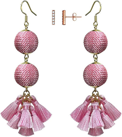 Bohemian Thread Ball Tassel Dangle Drop Earrings for Women Teen Girls Christmas Valentines Day Gift Pink