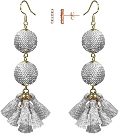 Bohemian Thread Ball Tassel Dangle Drop Earrings for Women Teen Girls Christmas Valentines Day Gift White