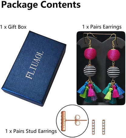 Bohemian Thread Ball Tassel Dangle Drop Earrings for Women Teen Girls Christmas Valentines Day Gift