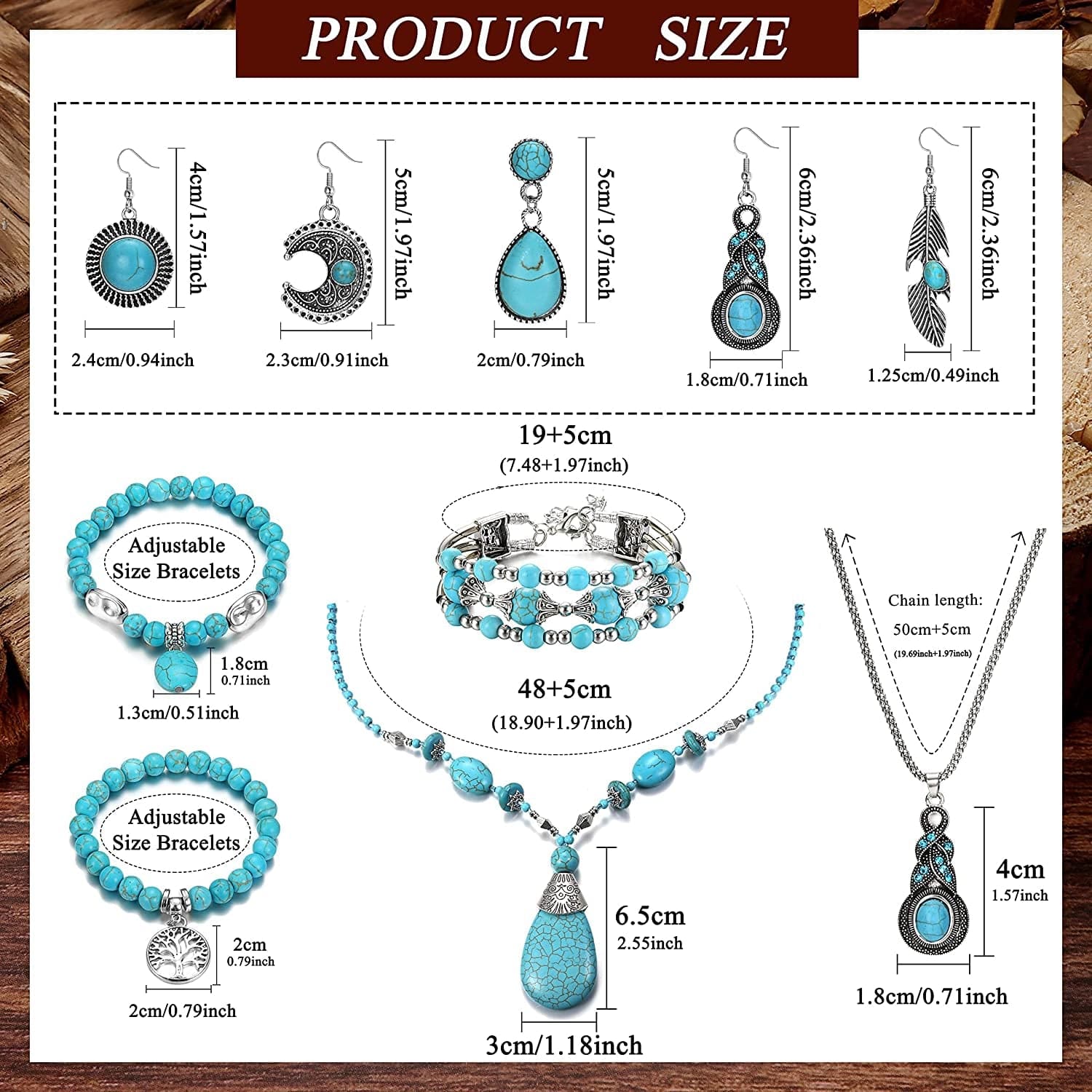 Bohemian Turquoise Jewelry Set Women Western Turquoise Pendant Necklace Layered Wrap Bangle Bracelet Turquoise Vintage Turquoise Dangle Earrings Boho Jewelry for Women 2#