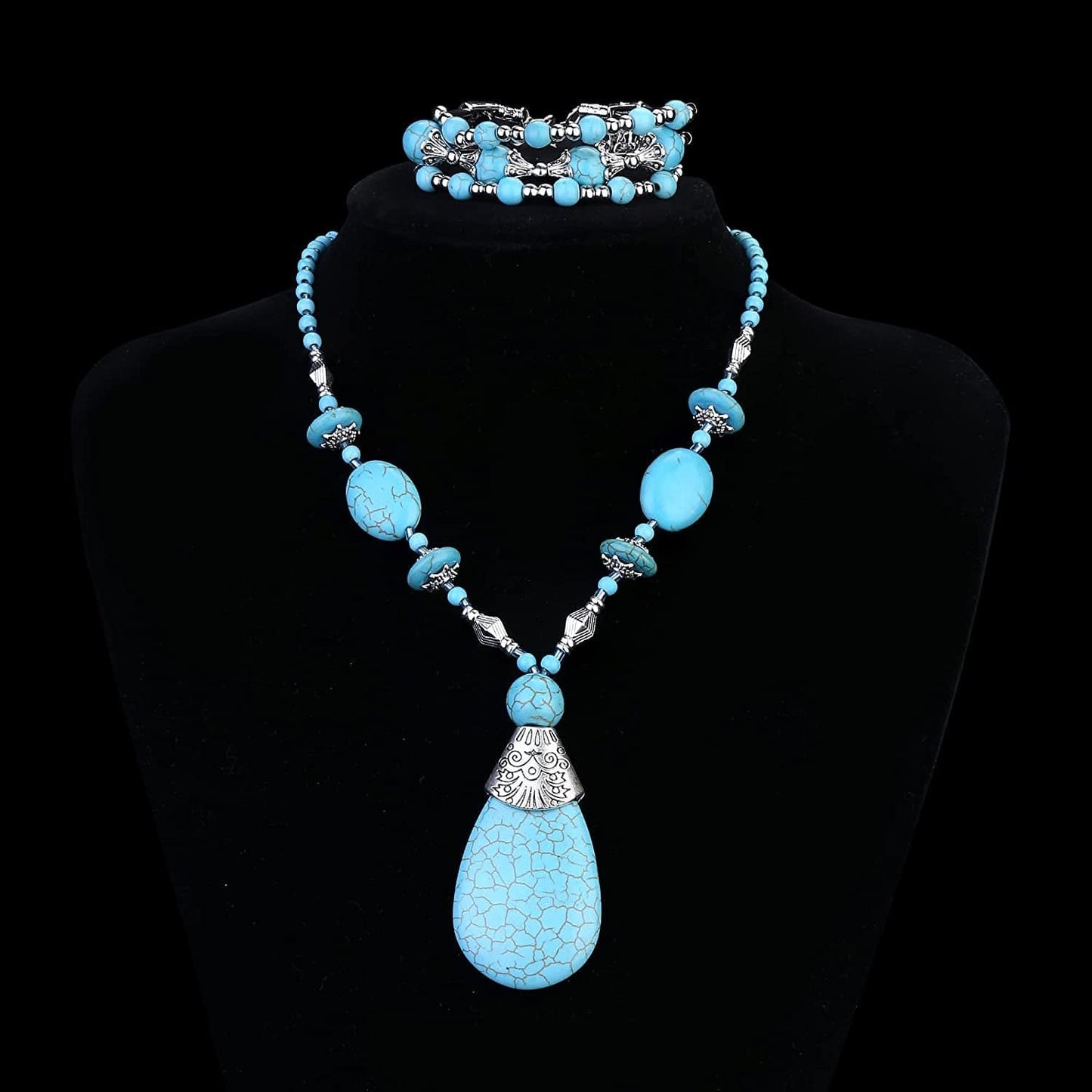 Bohemian Turquoise Jewelry Set Women Western Turquoise Pendant Necklace Layered Wrap Bangle Bracelet Turquoise Vintage Turquoise Dangle Earrings Boho Jewelry for Women 2#