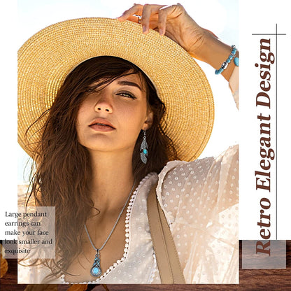 Bohemian Turquoise Jewelry Set Women Western Turquoise Pendant Necklace Layered Wrap Bangle Bracelet Turquoise Vintage Turquoise Dangle Earrings Boho Jewelry for Women 2#