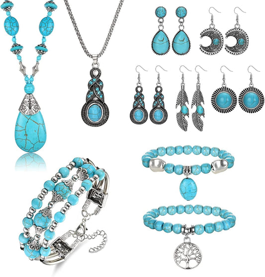 Bohemian Turquoise Jewelry Set Women Western Turquoise Pendant Necklace Layered Wrap Bangle Bracelet Turquoise Vintage Turquoise Dangle Earrings Boho Jewelry for Women 2#