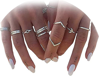 Boho Gold Stacking Rings for Women Gold Knuckle Rings Set Simple Star Moon Flower Rings for Teen Girls Stackable Aesthetic Rings Gifts for Teen Girls Style V-Simple Rings
