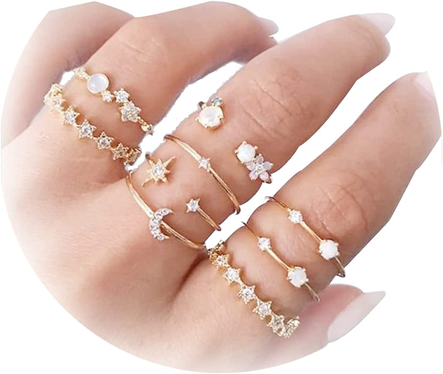 Boho Gold Stacking Rings for Women Gold Knuckle Rings Set Simple Star Moon Flower Rings for Teen Girls Stackable Aesthetic Rings Gifts for Teen Girls Style W-Star Moon Rings
