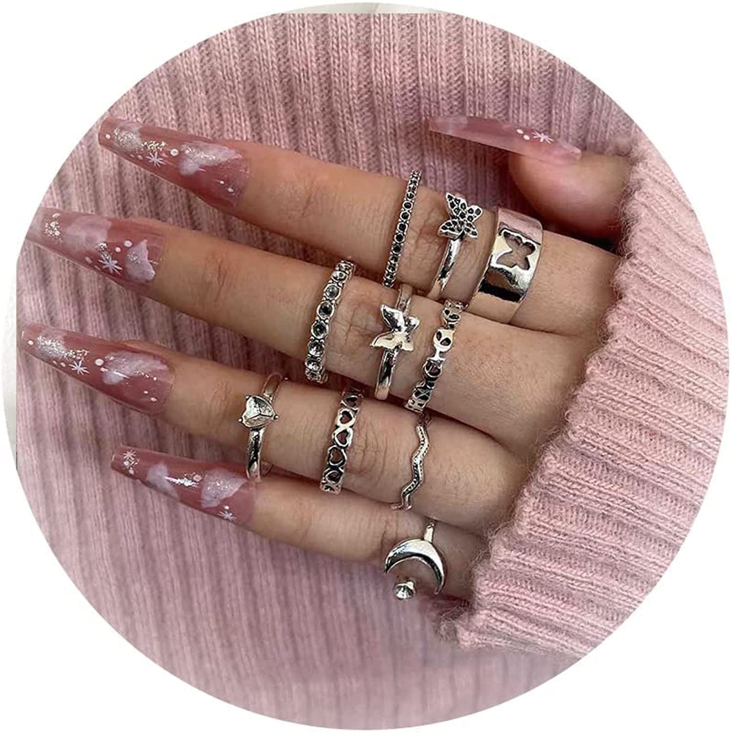 Boho Gold Stacking Rings for Women Gold Knuckle Rings Set Simple Star Moon Flower Rings for Teen Girls Stackable Aesthetic Rings Gifts for Teen Girls Style G-Silver Butterfly Rings