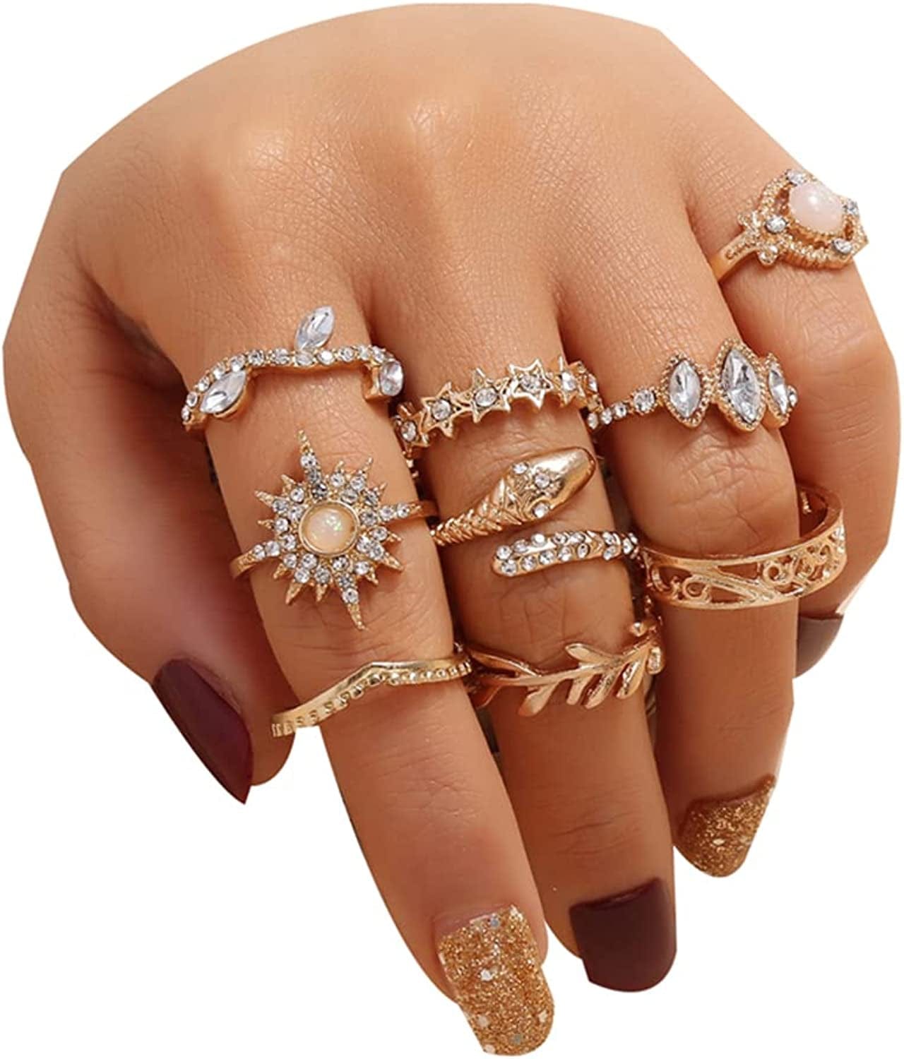 Boho Gold Stacking Rings for Women Gold Knuckle Rings Set Simple Star Moon Flower Rings for Teen Girls Stackable Aesthetic Rings Gifts for Teen Girls Style O-Crystal Snake Leaf Rings
