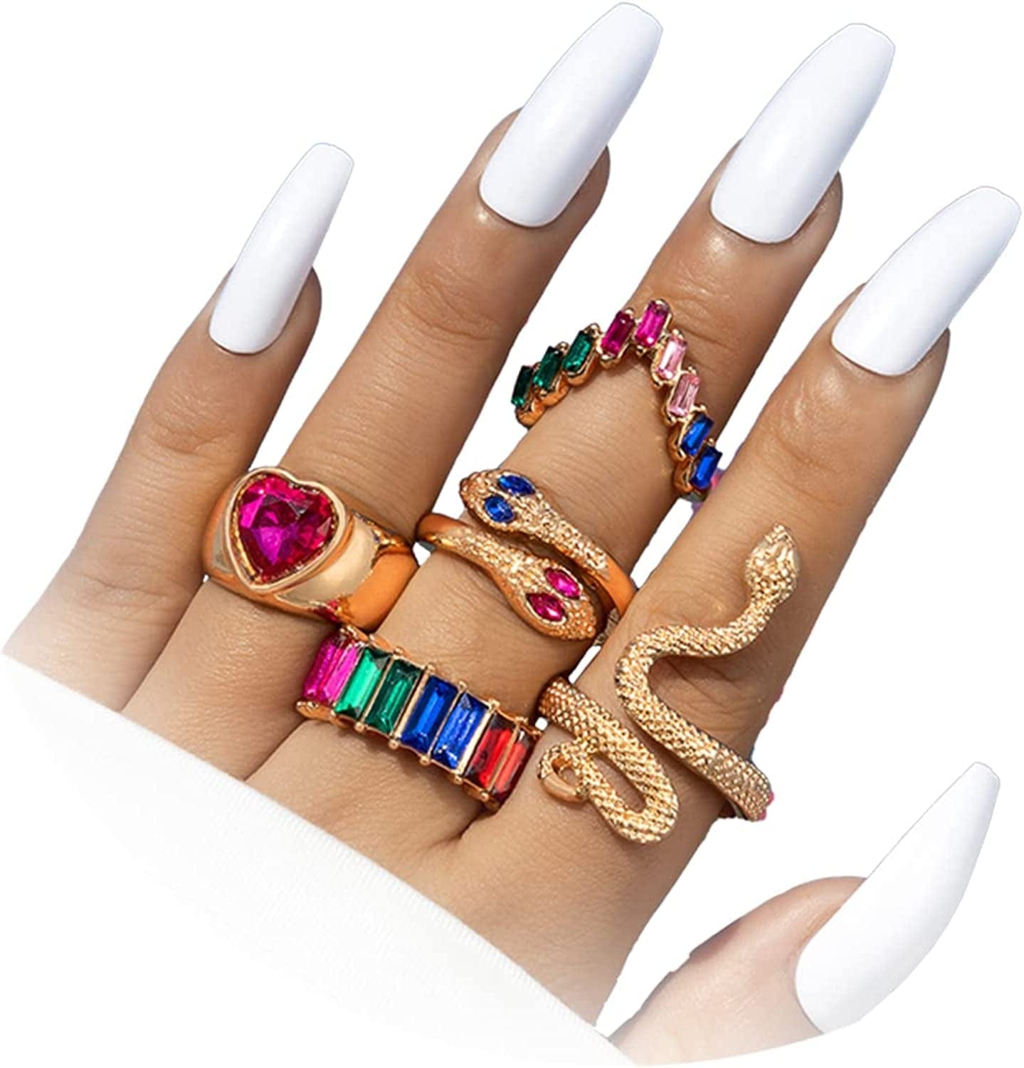 Boho Gold Stacking Rings for Women Gold Knuckle Rings Set Simple Star Moon Flower Rings for Teen Girls Stackable Aesthetic Rings Gifts for Teen Girls Style X-Crystal Snake Rings