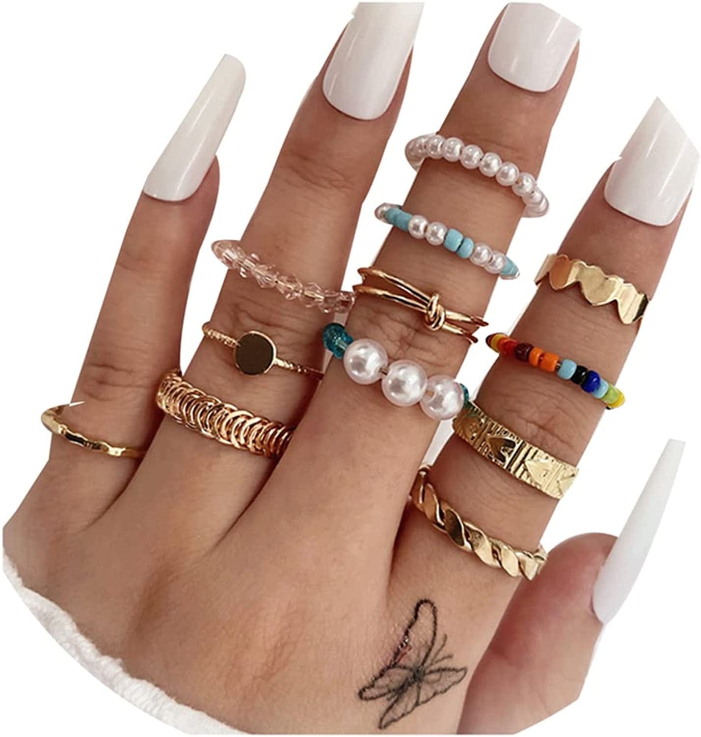 Boho Gold Stacking Rings for Women Gold Knuckle Rings Set Simple Star Moon Flower Rings for Teen Girls Stackable Aesthetic Rings Gifts for Teen Girls Style K-Pearl Rings