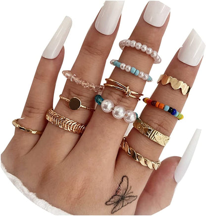 Boho Gold Stacking Rings for Women Gold Knuckle Rings Set Simple Star Moon Flower Rings for Teen Girls Stackable Aesthetic Rings Gifts for Teen Girls Style K-Pearl Rings