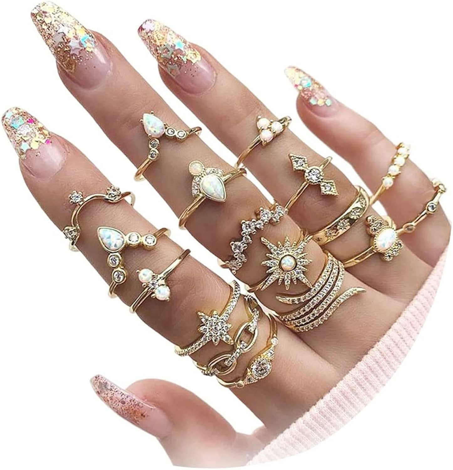 Boho Gold Stacking Rings for Women Gold Knuckle Rings Set Simple Star Moon Flower Rings for Teen Girls Stackable Aesthetic Rings Gifts for Teen Girls Style D-Retro Crystal Rings