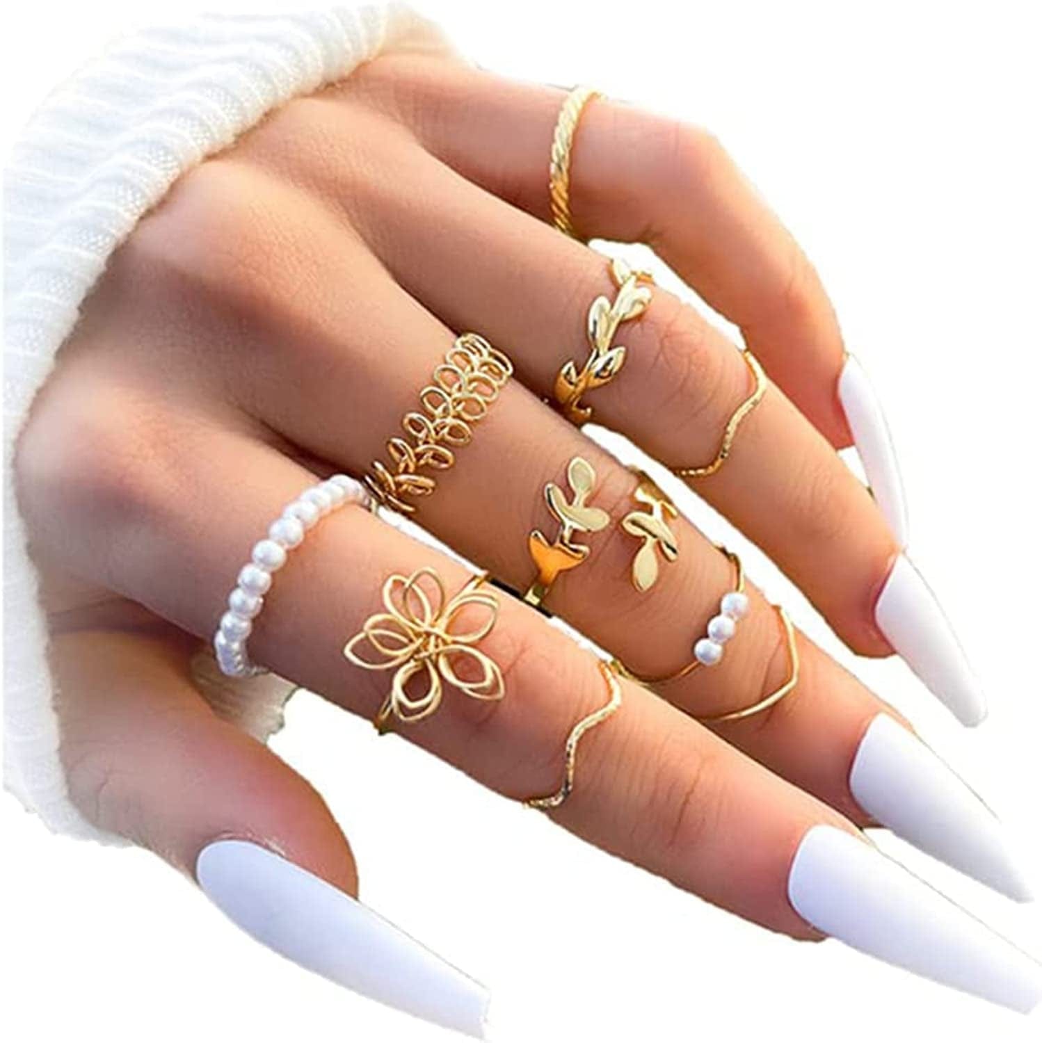 Boho Gold Stacking Rings for Women Gold Knuckle Rings Set Simple Star Moon Flower Rings for Teen Girls Stackable Aesthetic Rings Gifts for Teen Girls Style B-Pearl Leaf Rings