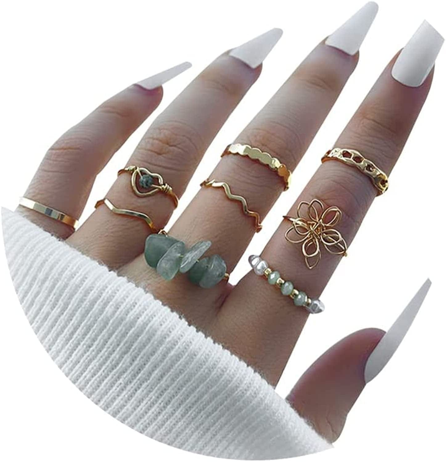 Boho Gold Stacking Rings for Women Gold Knuckle Rings Set Simple Star Moon Flower Rings for Teen Girls Stackable Aesthetic Rings Gifts for Teen Girls Style I-Pearl Stone Rings