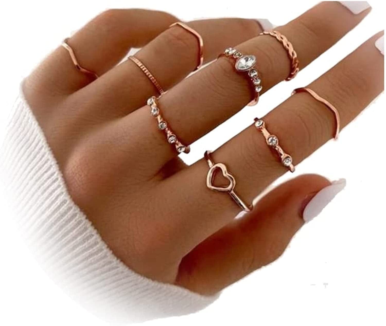 Boho Gold Stacking Rings for Women Gold Knuckle Rings Set Simple Star Moon Flower Rings for Teen Girls Stackable Aesthetic Rings Gifts for Teen Girls Style J-Cute Crystal Rings