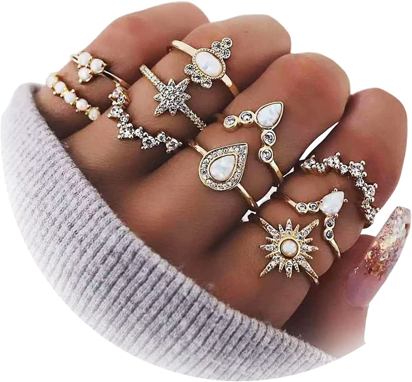 Boho Gold Stacking Rings for Women Gold Knuckle Rings Set Simple Star Moon Flower Rings for Teen Girls Stackable Aesthetic Rings Gifts for Teen Girls Style C-Crystal Rings