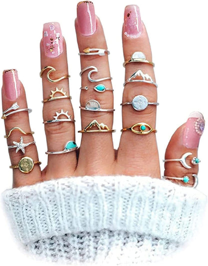 Boho Gold Stacking Rings for Women Gold Knuckle Rings Set Simple Star Moon Flower Rings for Teen Girls Stackable Aesthetic Rings Gifts for Teen Girls Style N-Retro Turquoise Rings