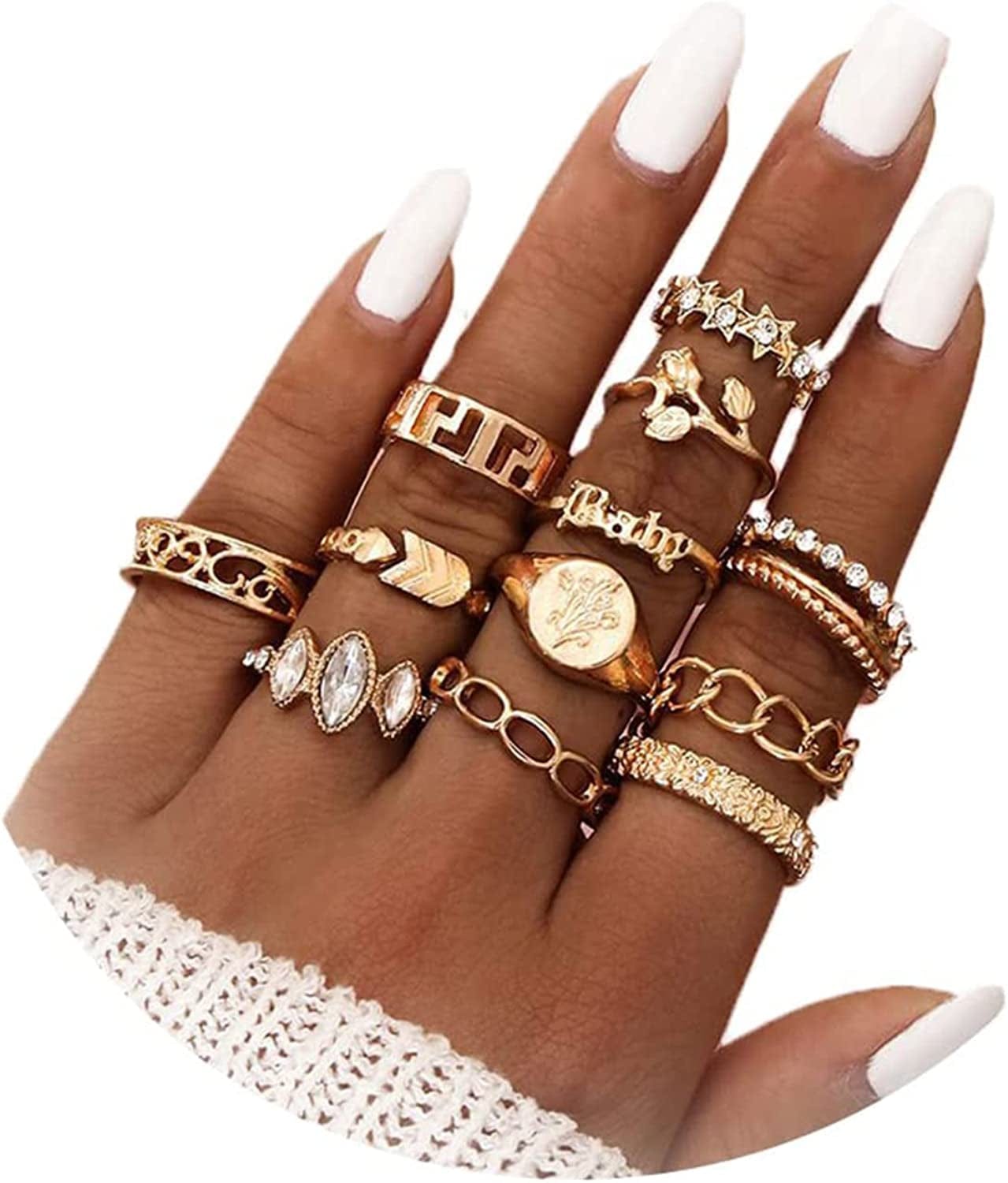 Boho Gold Stacking Rings for Women Gold Knuckle Rings Set Simple Star Moon Flower Rings for Teen Girls Stackable Aesthetic Rings Gifts for Teen Girls Style F-Rhinestones Flower Rings