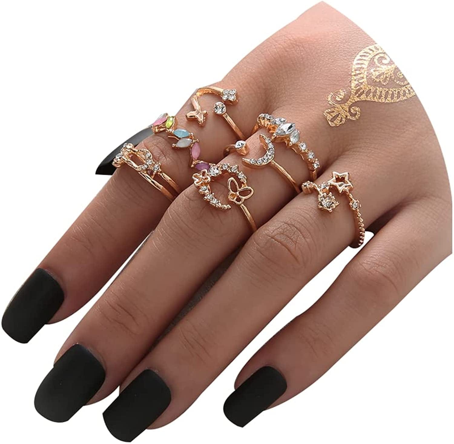 Boho Gold Stacking Rings for Women Gold Knuckle Rings Set Simple Star Moon Flower Rings for Teen Girls Stackable Aesthetic Rings Gifts for Teen Girls Style P-Crystal Star Moon Rings