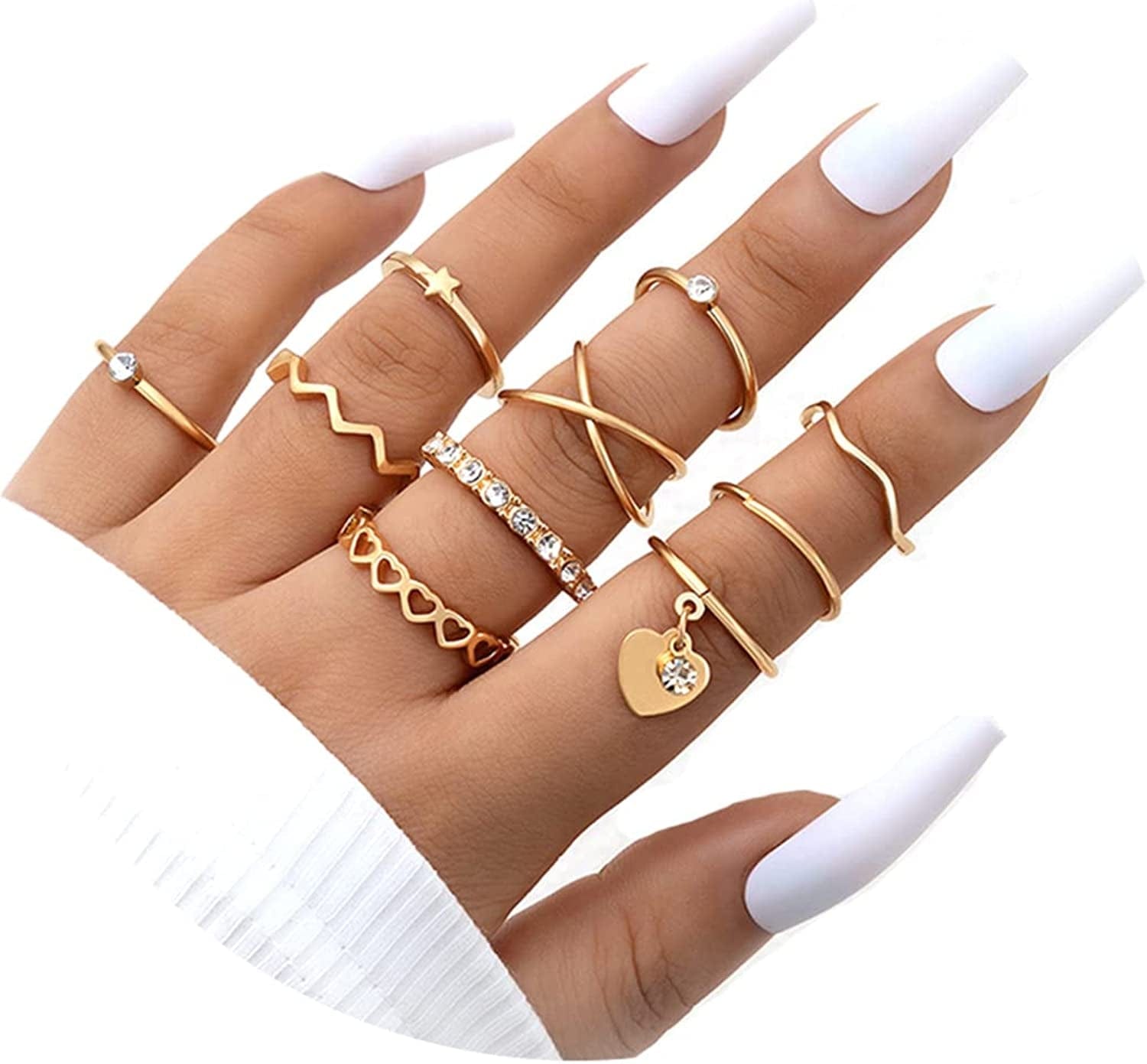 Boho Gold Stacking Rings for Women Gold Knuckle Rings Set Simple Star Moon Flower Rings for Teen Girls Stackable Aesthetic Rings Gifts for Teen Girls Style L-Gold Heart Rings