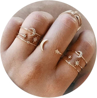 Boho Gold Stacking Rings for Women Gold Knuckle Rings Set Simple Star Moon Flower Rings for Teen Girls Stackable Aesthetic Rings Gifts for Teen Girls Style Q-Star Moon Rings