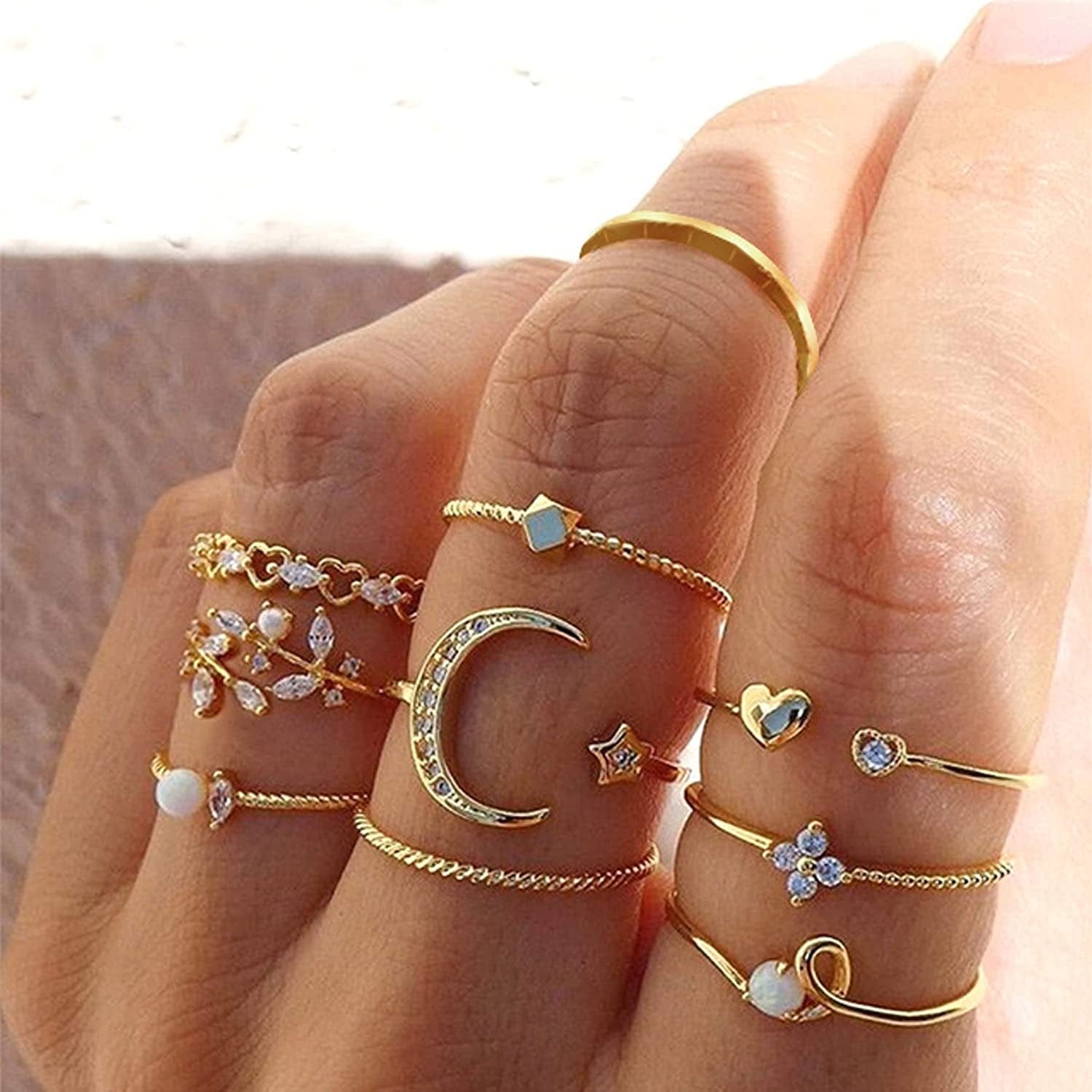 Boho Gold Stacking Rings for Women Gold Knuckle Rings Set Simple Star Moon Flower Rings for Teen Girls Stackable Aesthetic Rings Gifts for Teen Girls