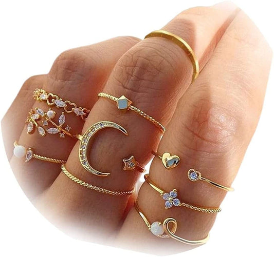 Boho Gold Stacking Rings for Women Gold Knuckle Rings Set Simple Star Moon Flower Rings for Teen Girls Stackable Aesthetic Rings Gifts for Teen Girls Style A-Star Moon Rings