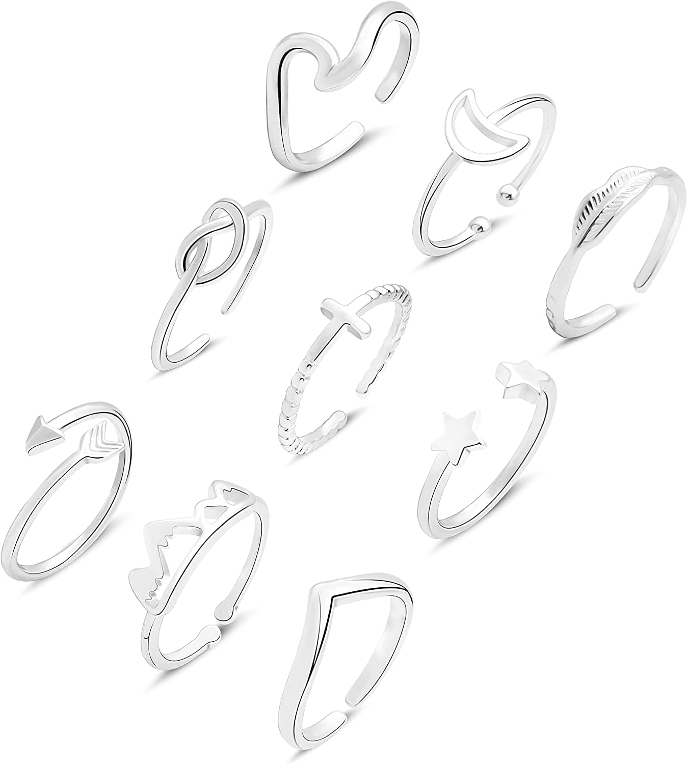 Boho Retro Stackable Rings Sets for Teens Girls Women Rhinestone Knuckle Joint Finger Kunckle Nail Ring Sets 6:9PCOpening-Silver Rings Set