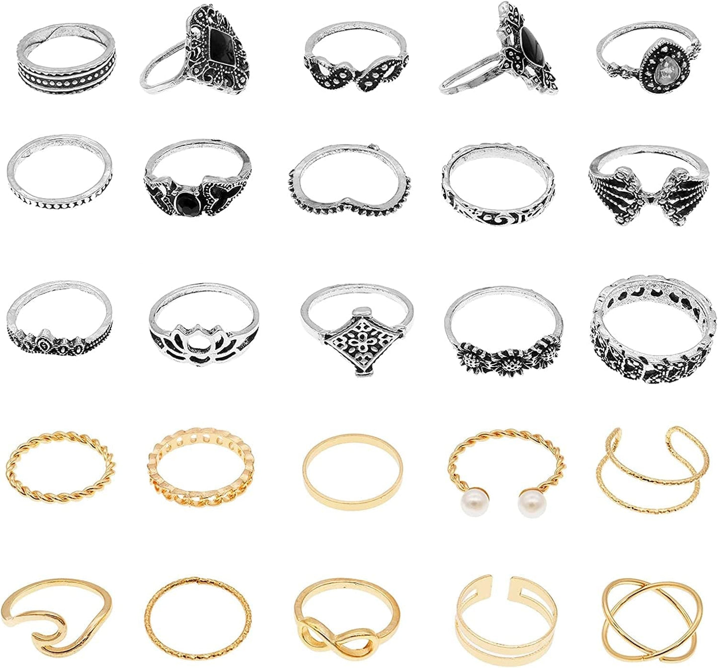 Boho Retro Stackable Rings Sets for Teens Girls Women Rhinestone Knuckle Joint Finger Kunckle Nail Ring Sets 2:25PC-10 Gold+15 Silver
