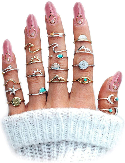 Boho Retro Stackable Rings Sets for Teens Girls Women Rhinestone Knuckle Joint Finger Kunckle Nail Ring Sets 1:19PC